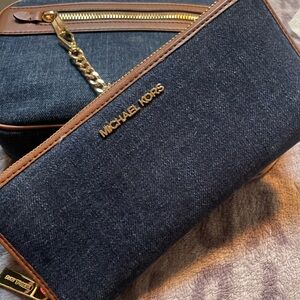 Michael Kors Men's Navy Denim and Brown Leather Crossbody Bag and Wallet